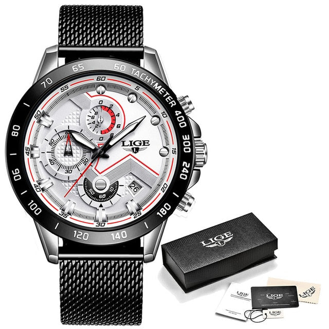 LIGE 2020 New Fashion Mens Watches with Stainless Steel Top Brand Luxury Sports Chronograph Quartz Watch Men Relogio Masculino